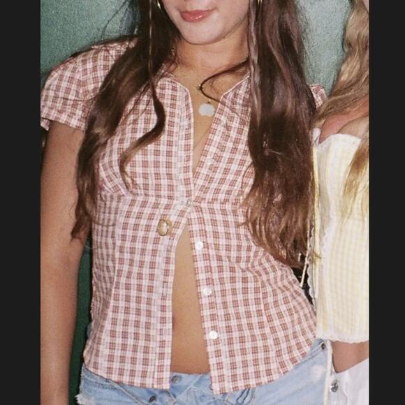 Lioness Brown Gingham Button Up Top XS Tailored Picnic Plaid Cottage Preppy $59 - Picture 7 of 13